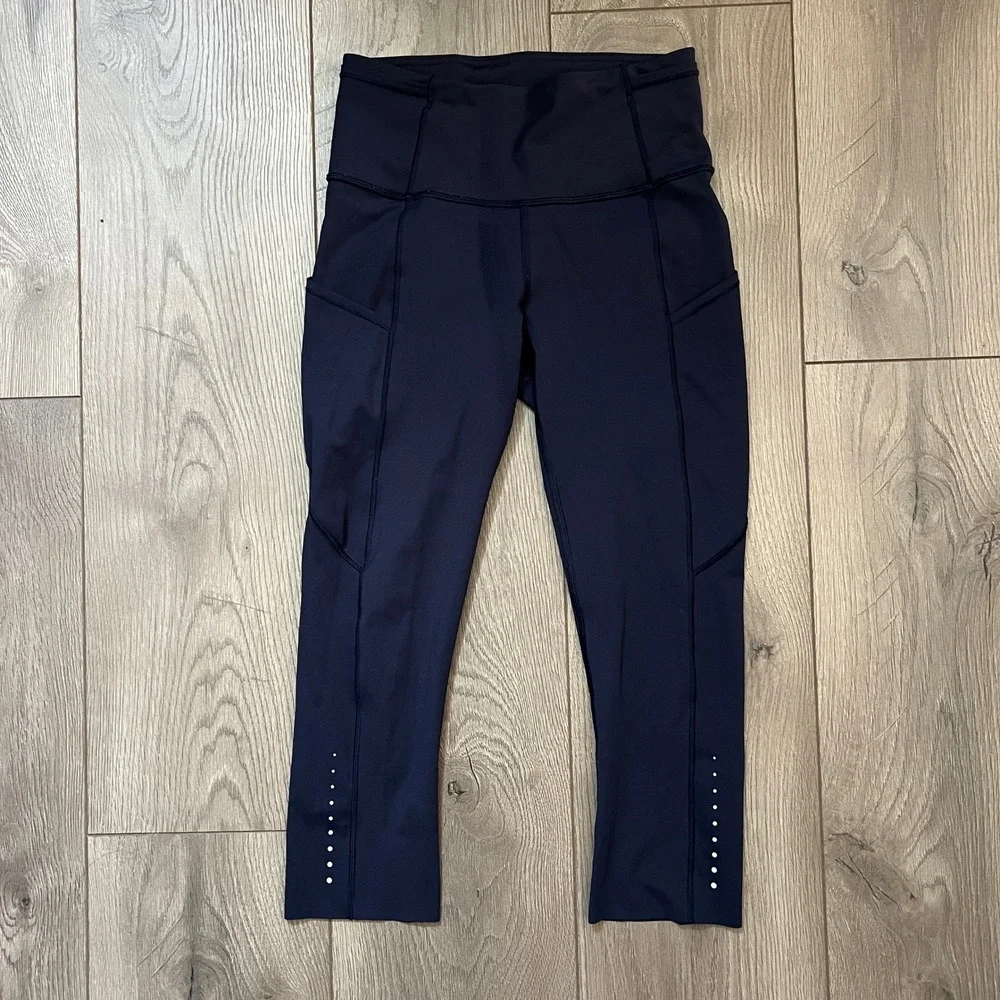 Lululemon Fast and Free High Rise Crop 19 Nulux Navy Blue Running Leggings 4